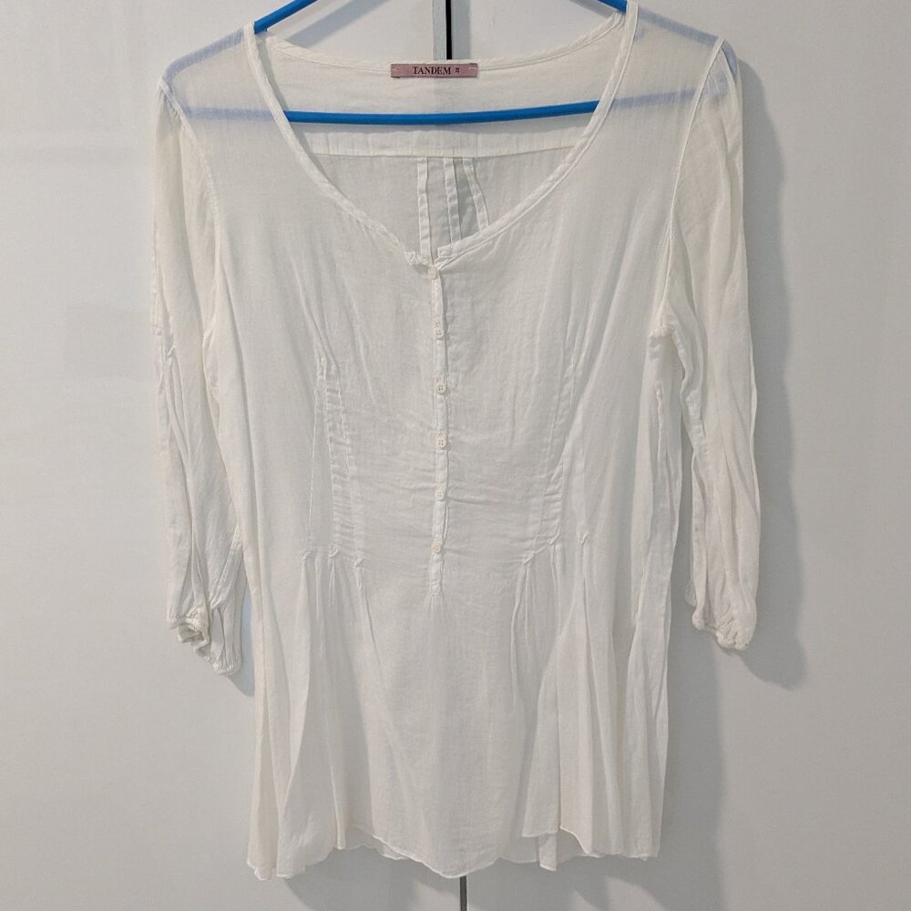 Tandem Italy Semi-Sheer White Pintucked Top